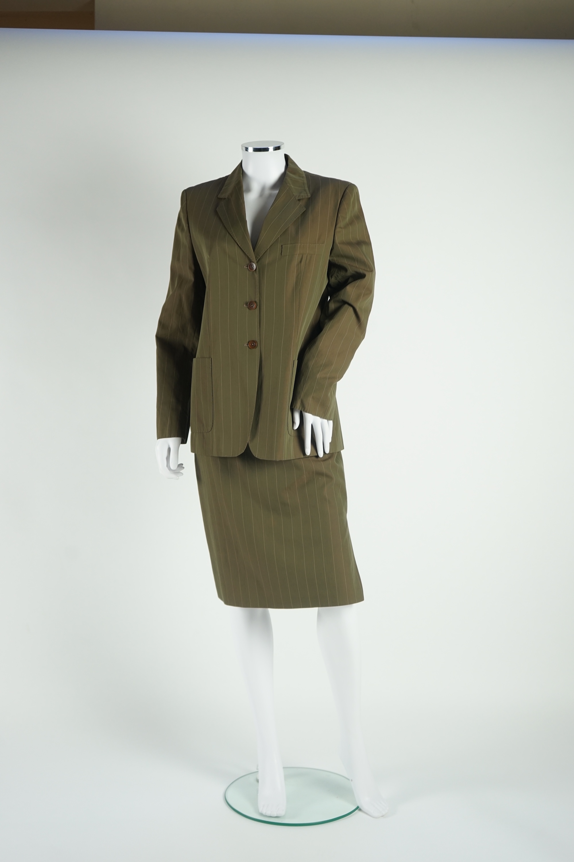 A Max Mara lady's brown pinstripe skirt suit and a Giorgio Armani camel cashmere? single breasted jacket, Suit Size 12 and jacket size EU 42